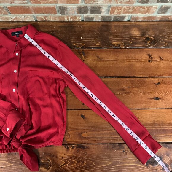 Theory Stretch Silk Women's Tie-Front Red Medium Long Sleeve Button Shirt Blouse - Picture 13 of 14